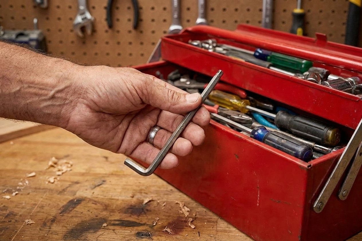 A 1/4 inch Allen wrench held in a hand over an open toolbox on a workbench