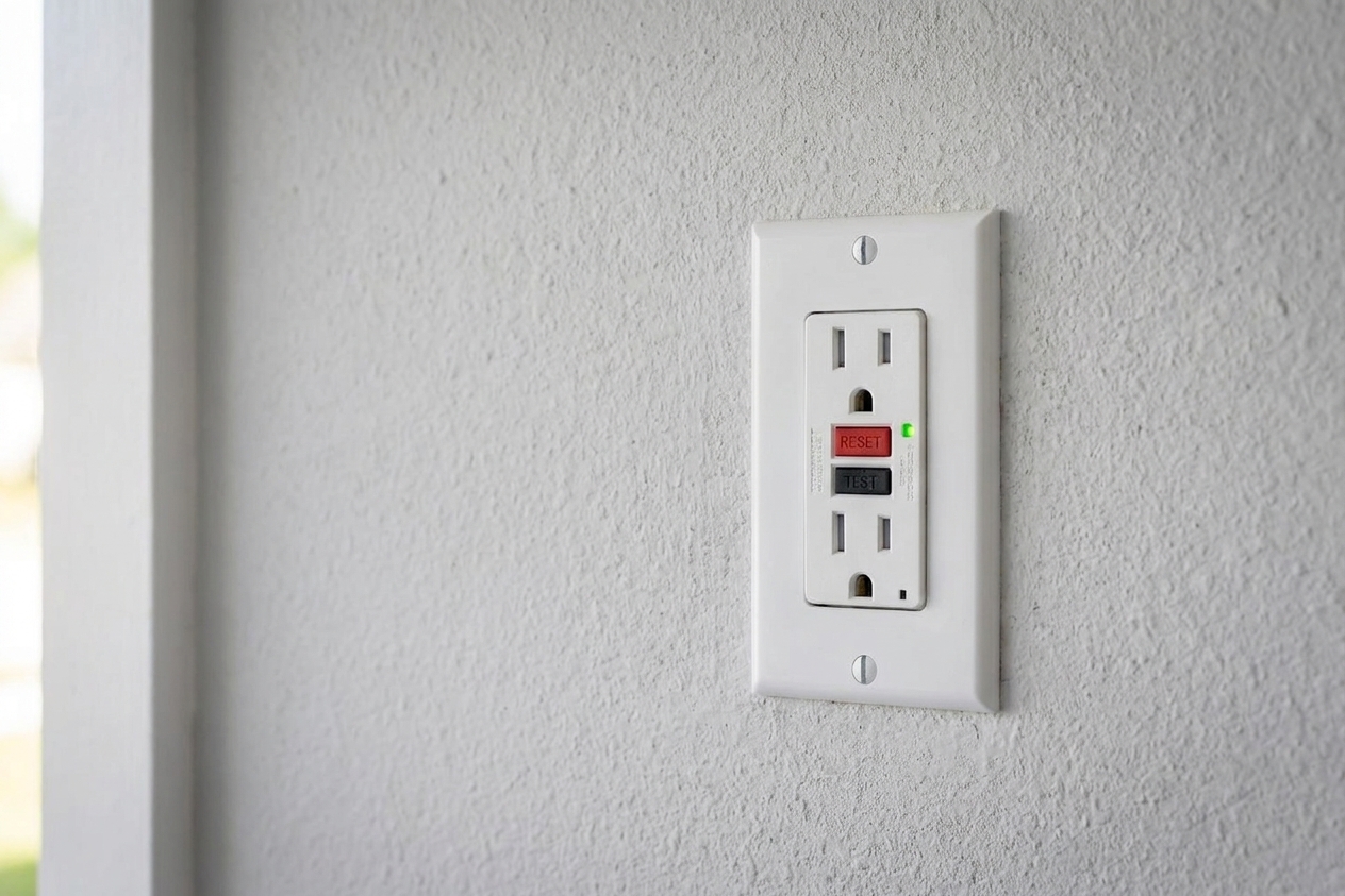 A GFCI electrical outlet on a garage wall with the reset and test buttons visible