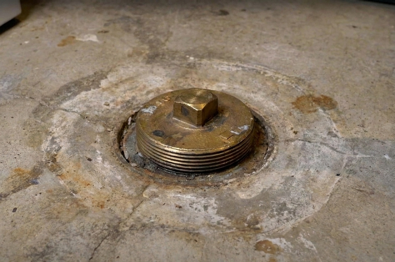 A basement main drain cleanout fitting with a round threaded cap near the concrete floor