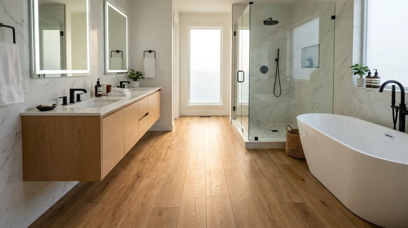 A bathroom floor installed with light gray vinyl planks, showing tight joints near a tub and toilet in a real home setting