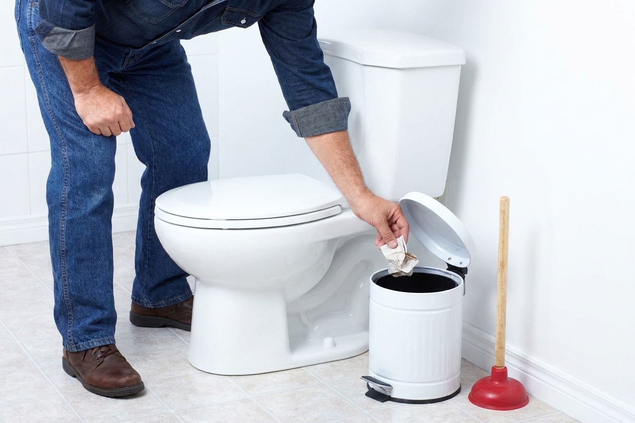 A bathroom photo showing a small lidded trash can placed beside a toilet for non-flushable items