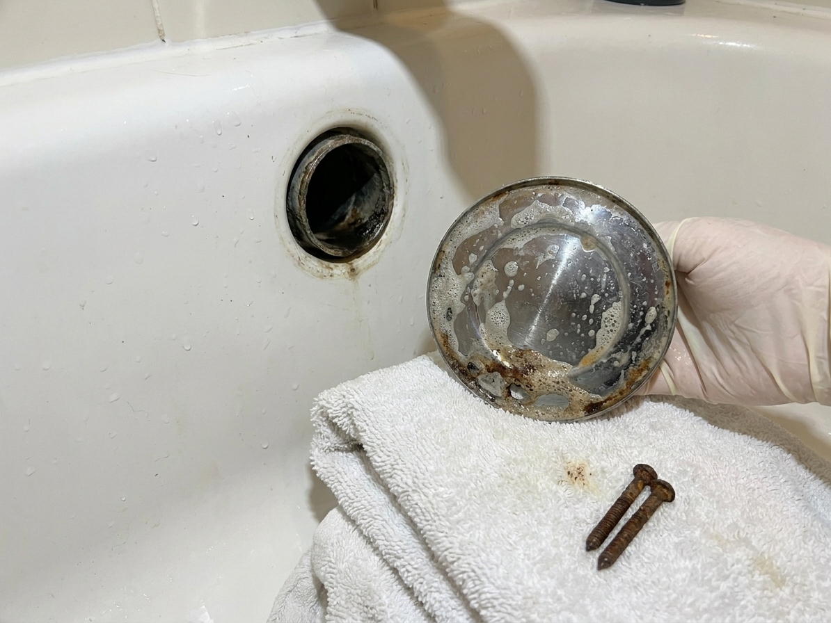 A bathtub overflow cover plate removed with the opening visible and screws set on a towel next to the tub