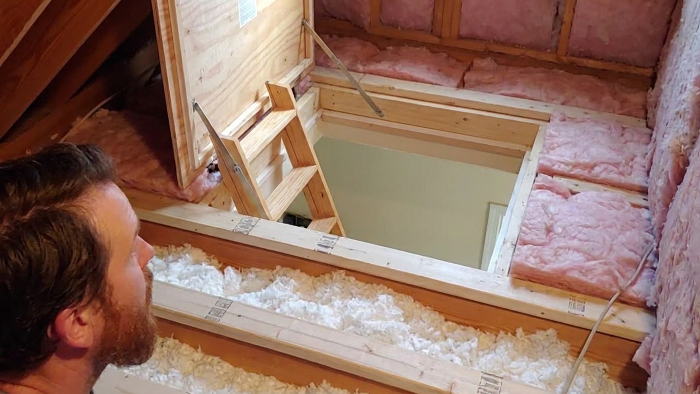 A ceiling attic hatch opening with a folding ladder nearby and fiberglass insulation visible around the attic perimeter