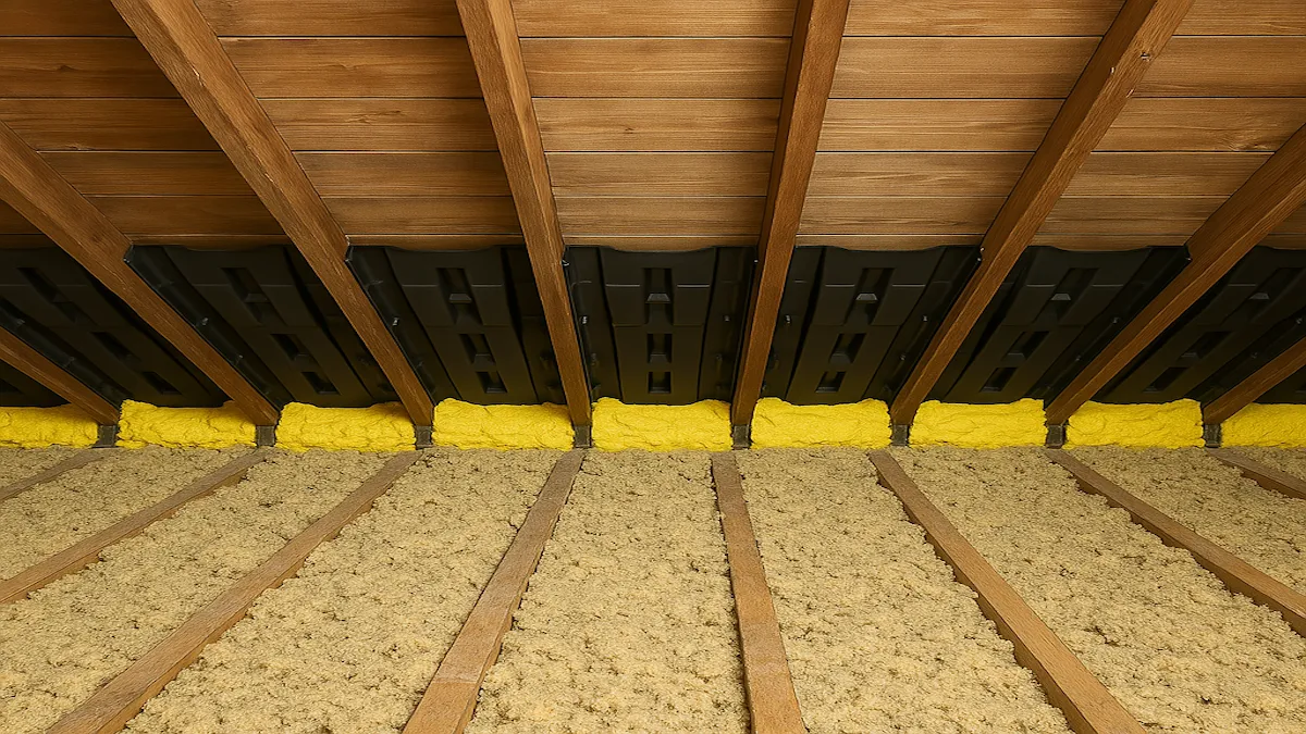 A close-up in an attic showing fiberglass insulation and a plastic soffit vent baffle keeping an air channel open near the roof edge