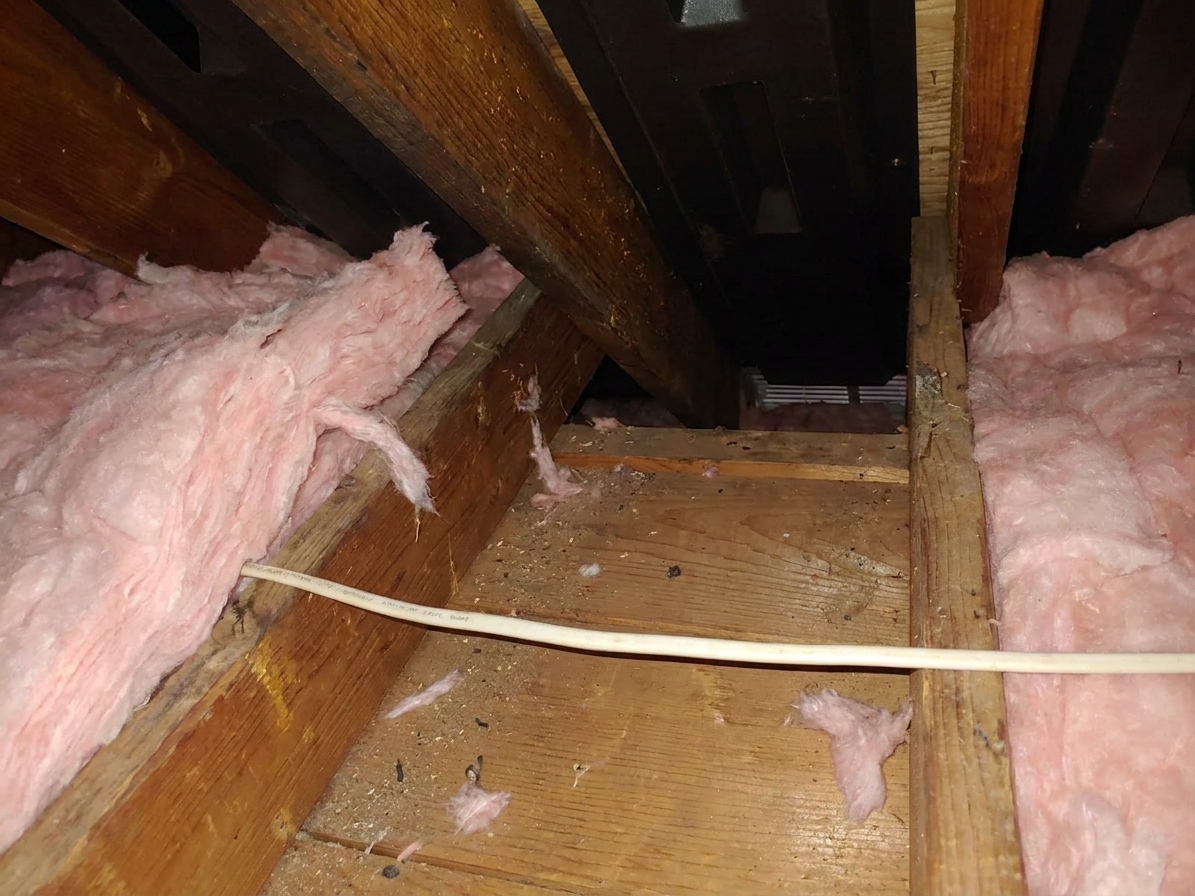 A close-up inside an attic showing fiberglass insulation pulled back from the eave area, exposing the rafter bay and the top plate before a baffle is installed