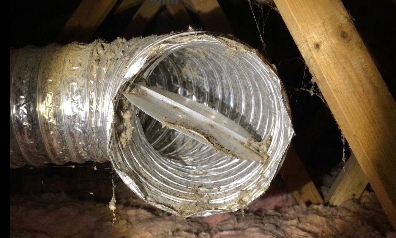 A close-up of a bathroom exhaust duct connection showing a plastic backdraft damper flap partially stuck closed