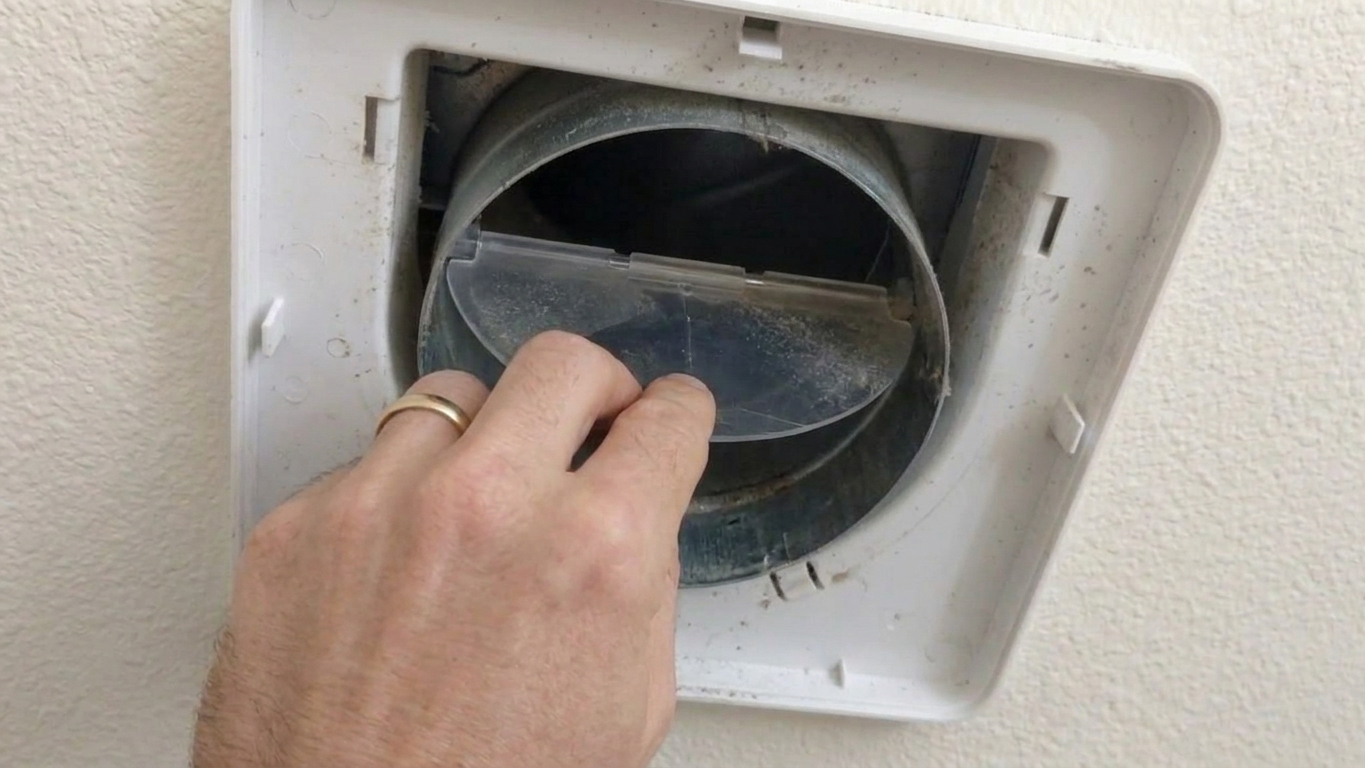 A close-up of a bathroom exhaust fan duct connection showing a plastic backdraft damper flap inside the housing
