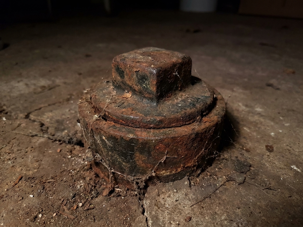 A close-up of a cast iron main cleanout fitting in a basement with a square-headed plug, showing typical age and patina