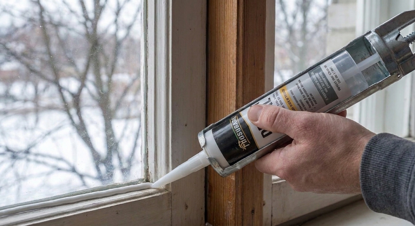 A close-up of a caulk gun applying a smooth bead of sealant along interior window trim