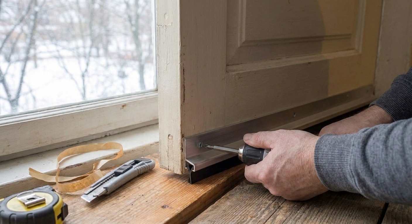 A close-up of a drill driving screws into an aluminum door sweep on the bottom edge of an exterior door