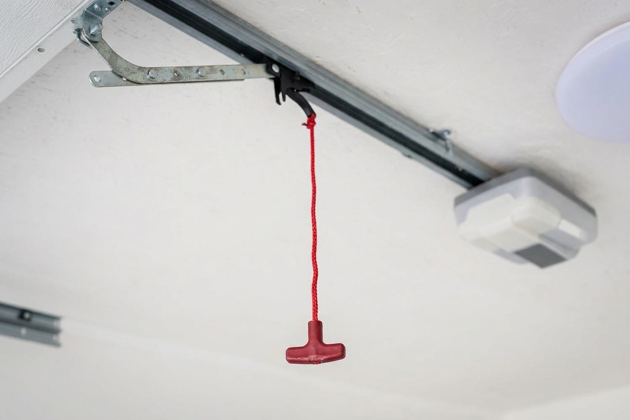 A close-up of a garage door opener emergency release cord with a red handle hanging from the opener rail
