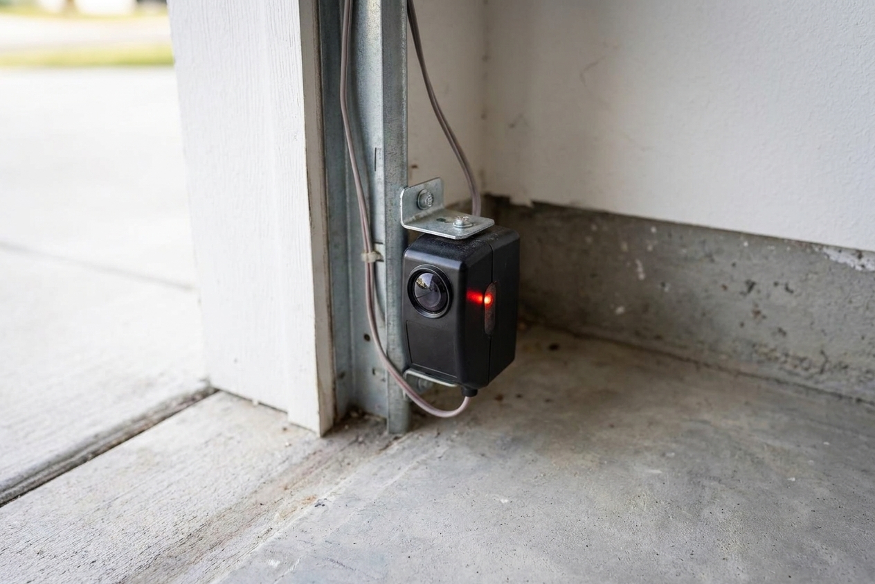 A close-up of a garage door photo-eye safety sensor mounted near the bottom of the track with its indicator light visible