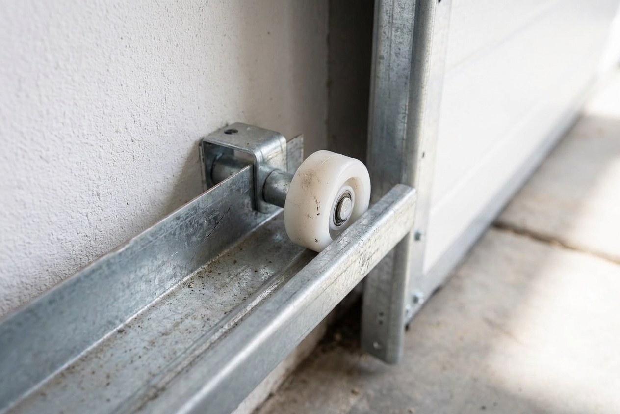 A close-up of a garage door steel track with a nylon roller seated inside the track
