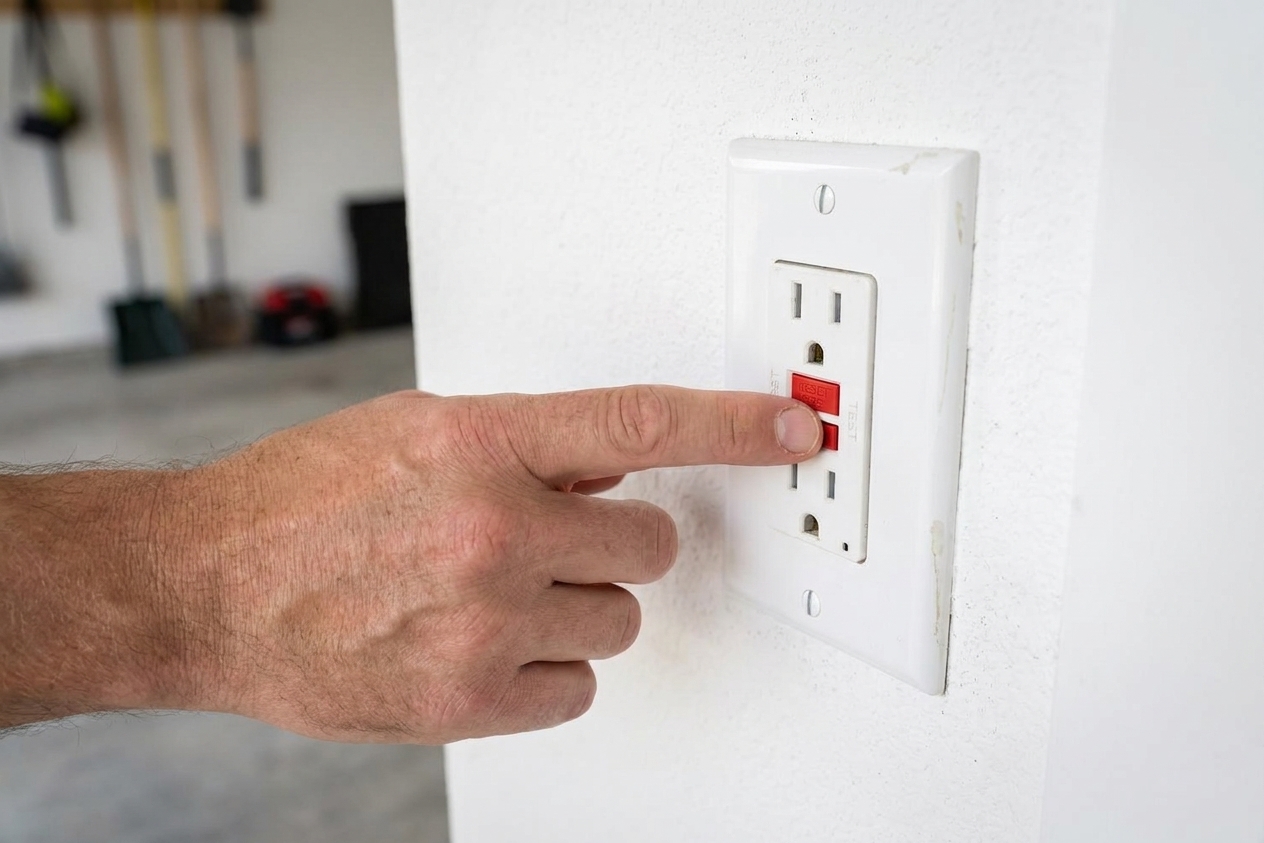 A close-up of a garage wall outlet with GFCI test and reset buttons, with a hand pressing the reset button