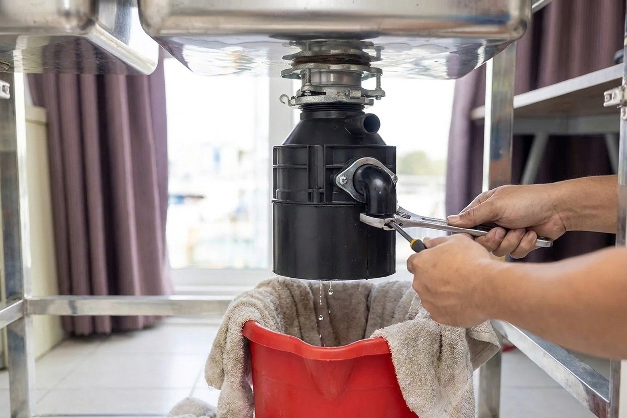 A close-up of a garbage disposal outlet where the drain elbow and retaining clamp are being loosened under a sink