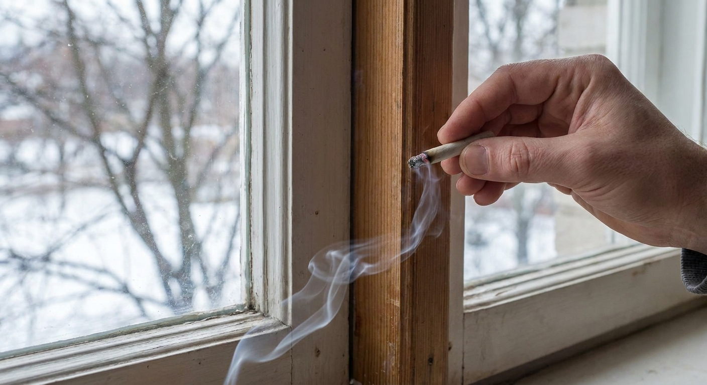 A close-up of a hand holding a smoke pencil near the edge of a window frame to reveal a draft