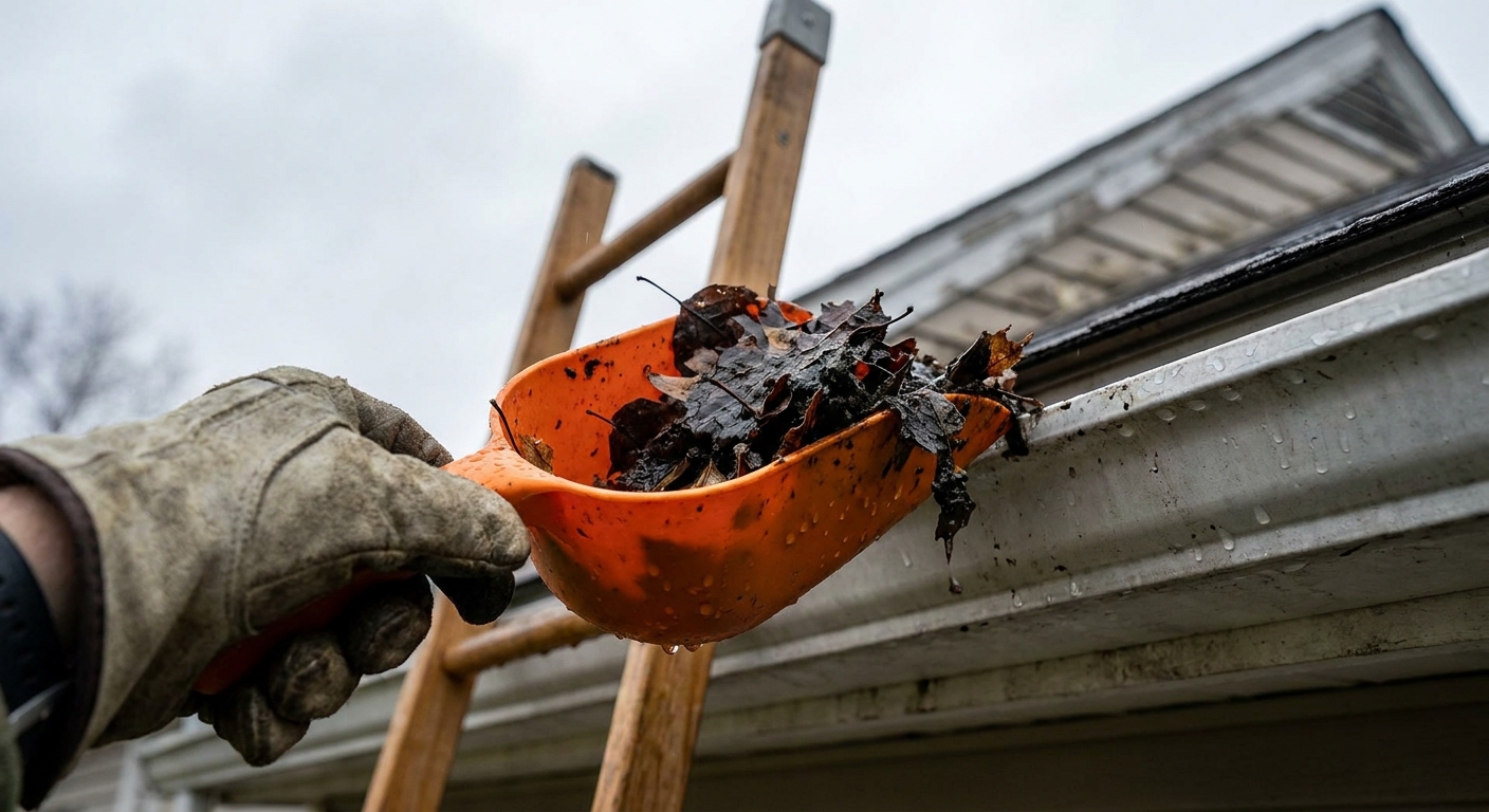 A close-up of a plastic gutter scoop in a gloved hand removing wet leaves from a gutter while a ladder leans against the eave