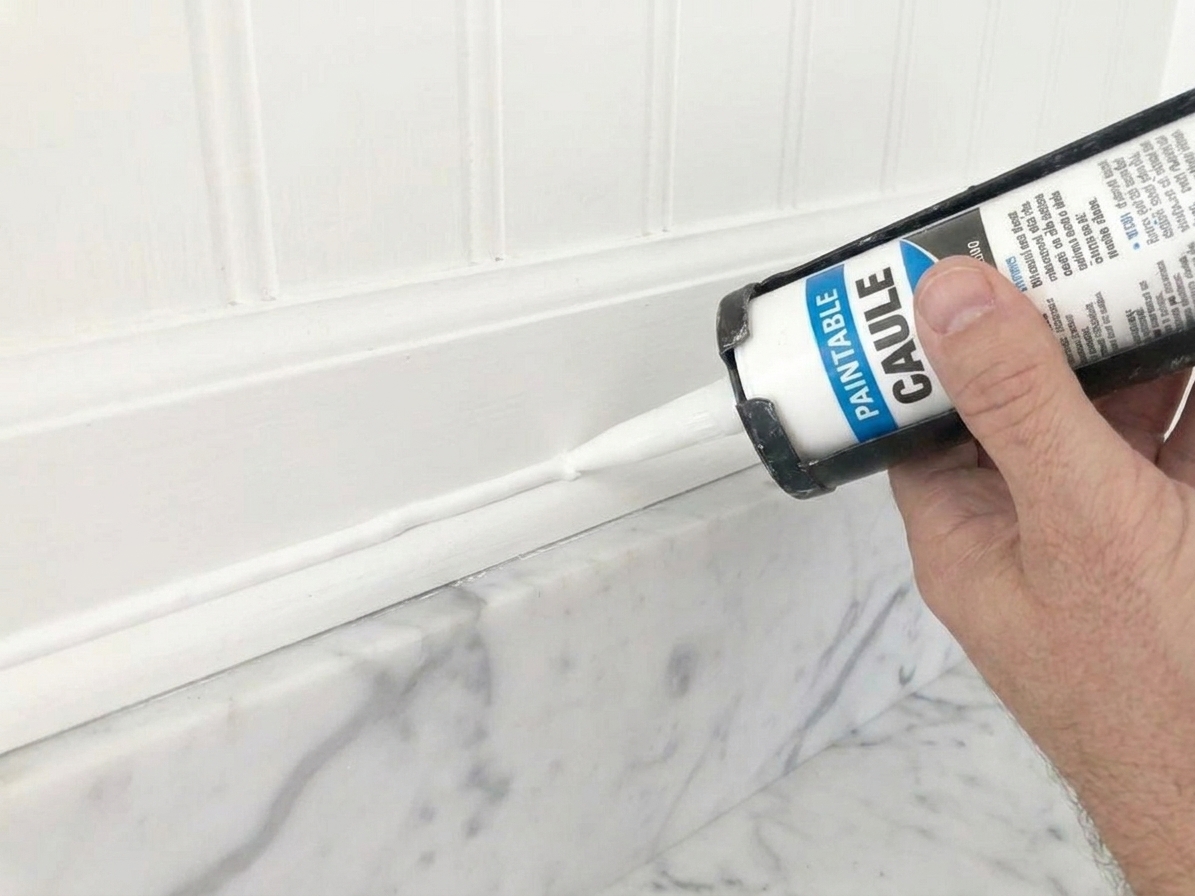 A close-up of a small bead of paintable caulk being applied along the top edge of a baseboard where it meets a painted wall