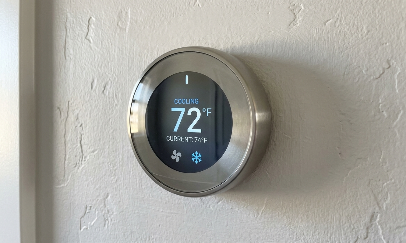 A close-up of a smart thermostat on a wall displaying cooling mode and a set temperature