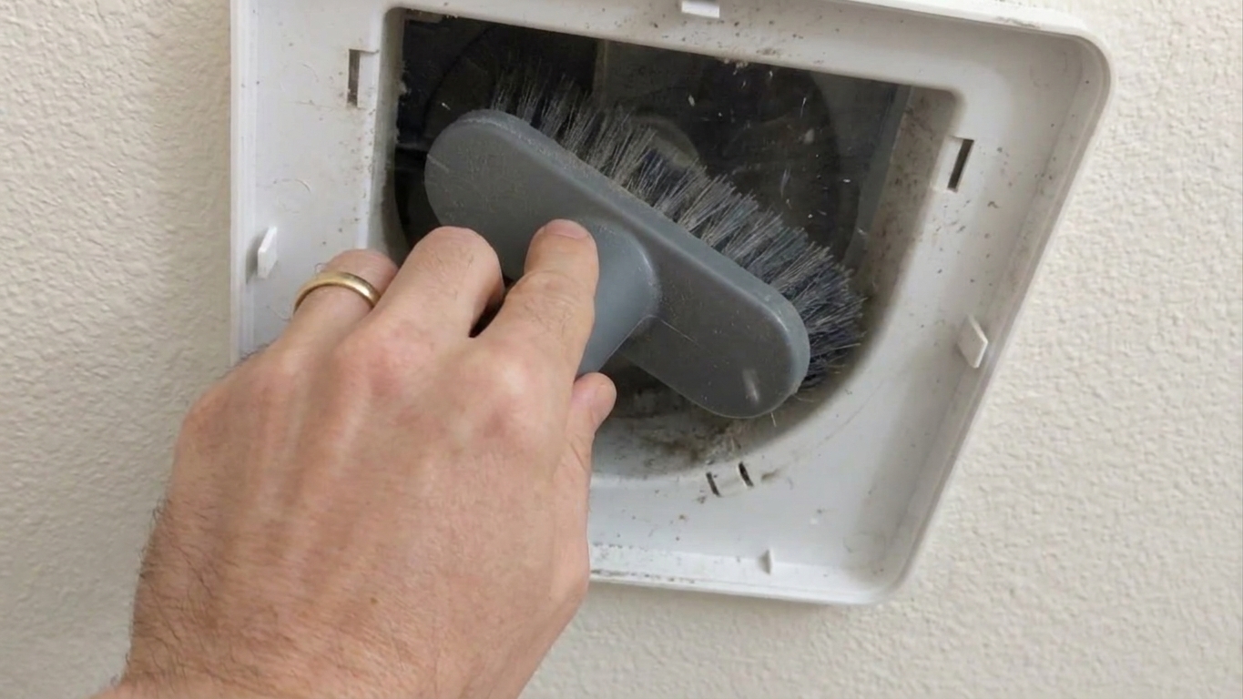 A close-up of a vacuum brush attachment cleaning dust from inside a ceiling bathroom exhaust fan housing