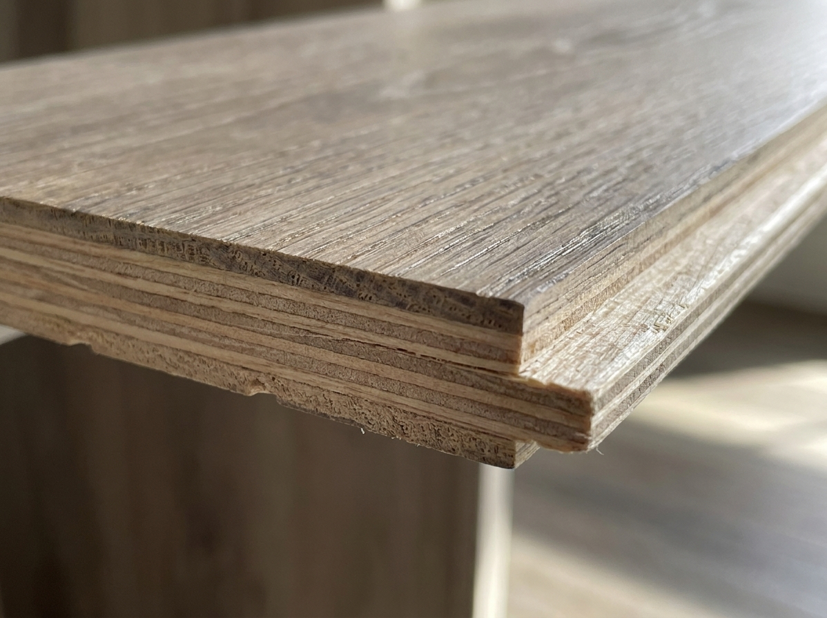 A close-up of an engineered hardwood plank edge showing the real wood veneer layer on top and layered core beneath