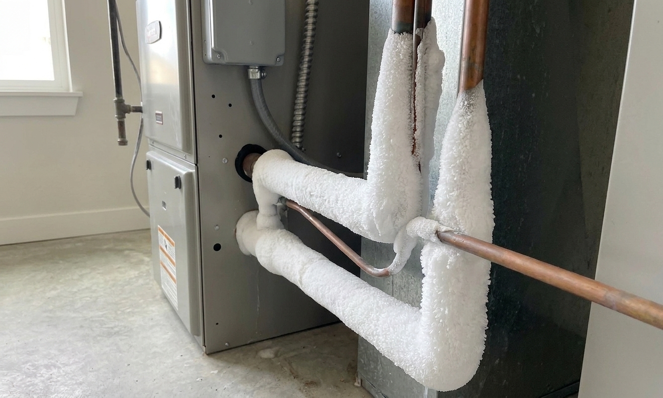 A close-up of frost buildup on refrigerant lines near an indoor furnace cabinet indicating a frozen evaporator coil