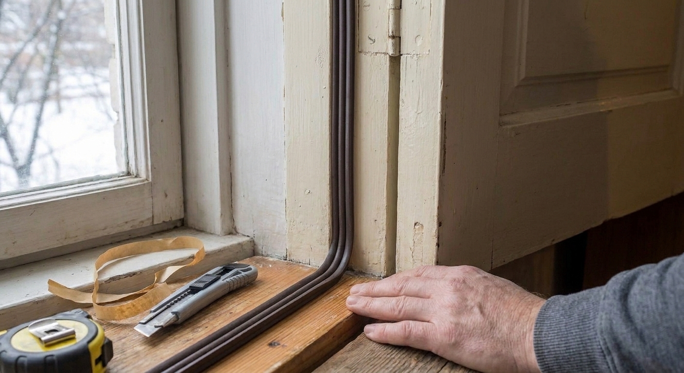 A close-up of new rubber bulb weatherstripping installed along an exterior door jamb