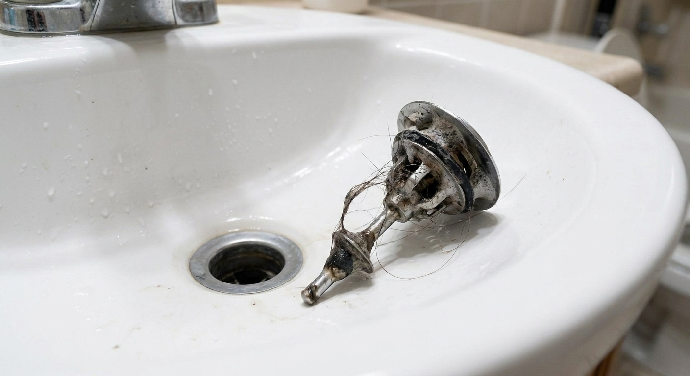 A close-up photo of a bathroom sink drain with the pop-up stopper removed and placed on the sink edge, showing hair and residue on the stopper