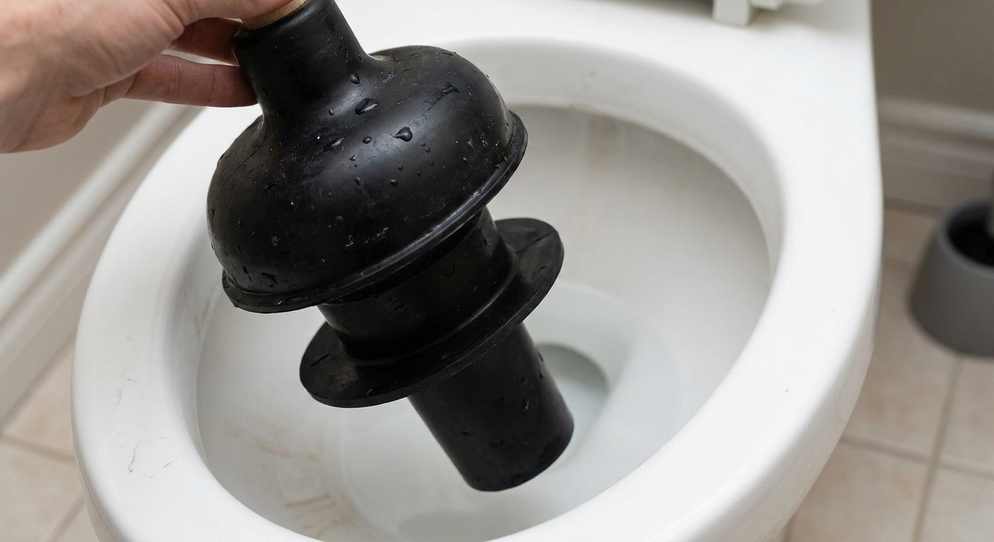 A close-up photo of a flange-style toilet plunger held next to a toilet bowl, showing the extended rubber flange designed for toilet drains