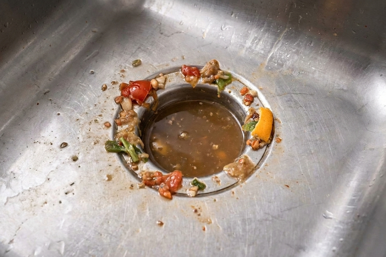 A close-up photo of a kitchen sink drain opening with the strainer removed, showing food debris around the rim