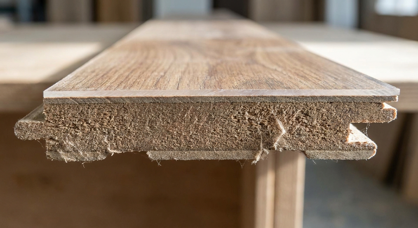 A close-up photo of a laminate plank edge showing the click-lock profile and layered construction, with the fiberboard core visible
