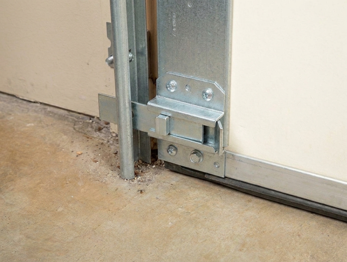 A close-up photo of a manual garage door slide lock on the inside of the door with the latch retracted