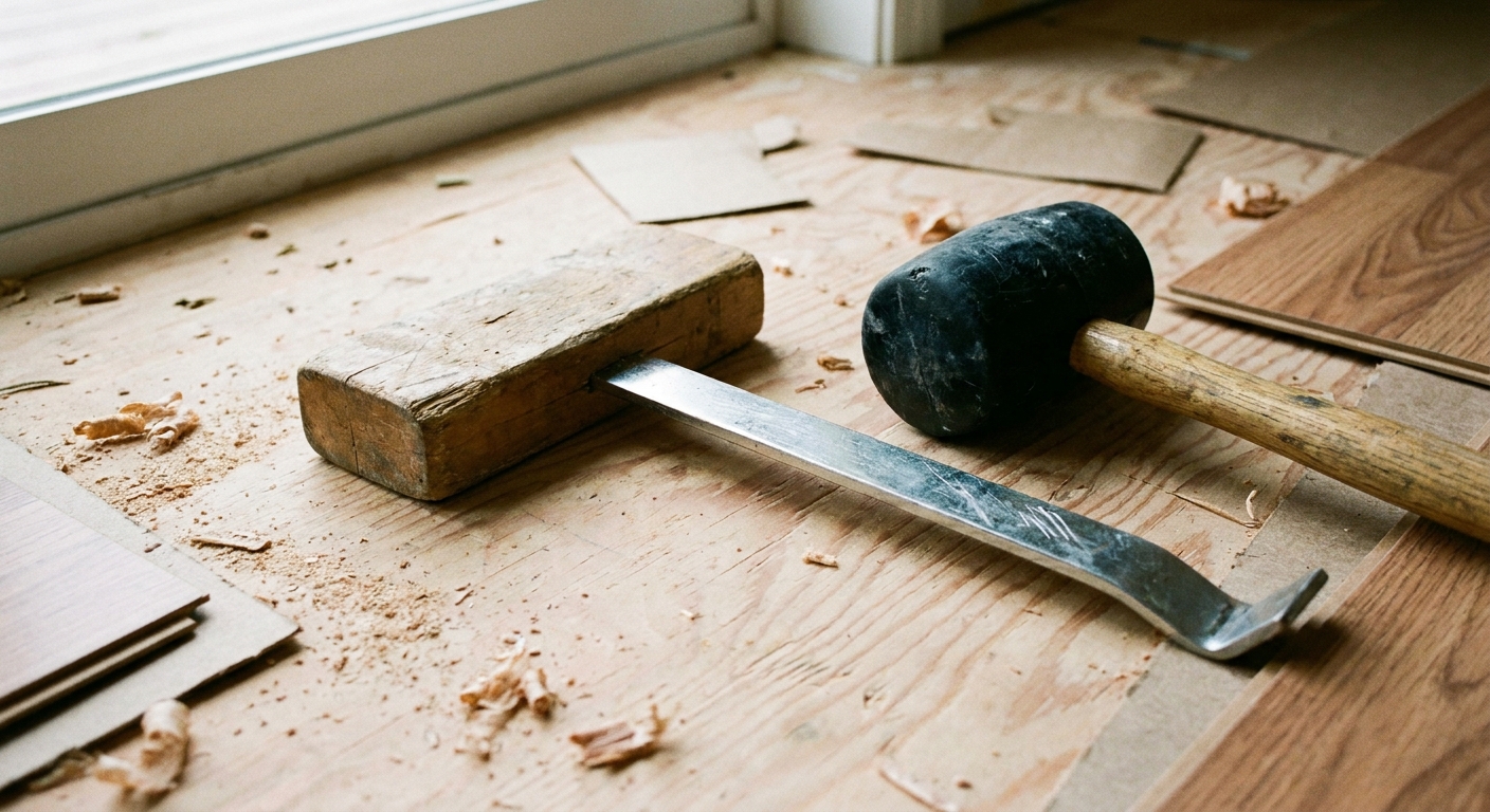 A close-up photo of a tapping block, pull bar, and rubber mallet laid on an unfinished subfloor during a floating floor installation