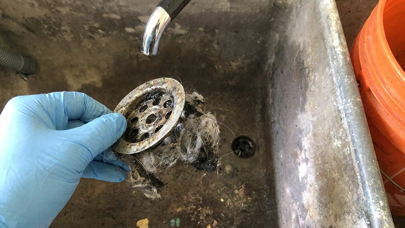 A close-up photo of a utility sink drain strainer partially removed, showing lint and debris trapped underneath