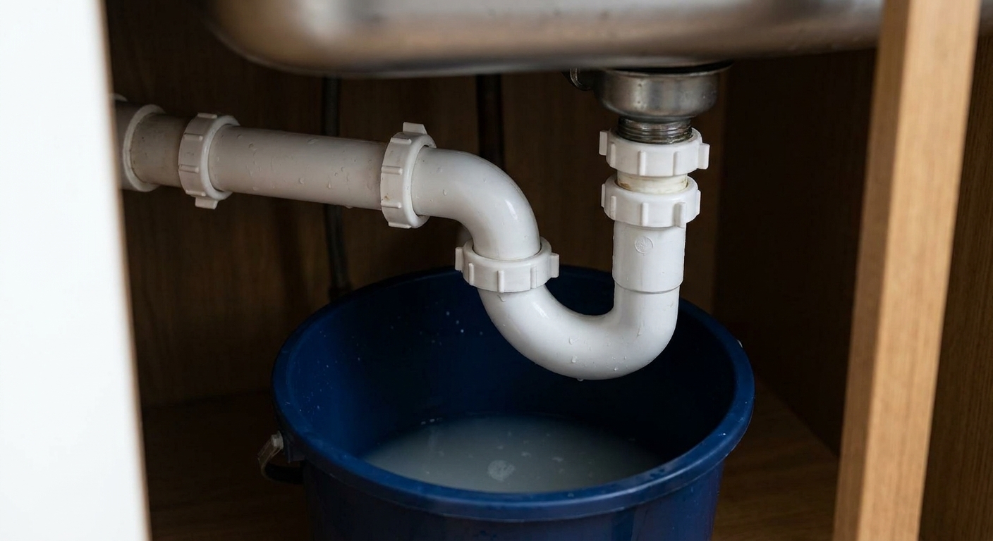 A close-up photo of a white PVC P-trap under a kitchen sink with slip nuts visible and a bucket placed underneath for draining water