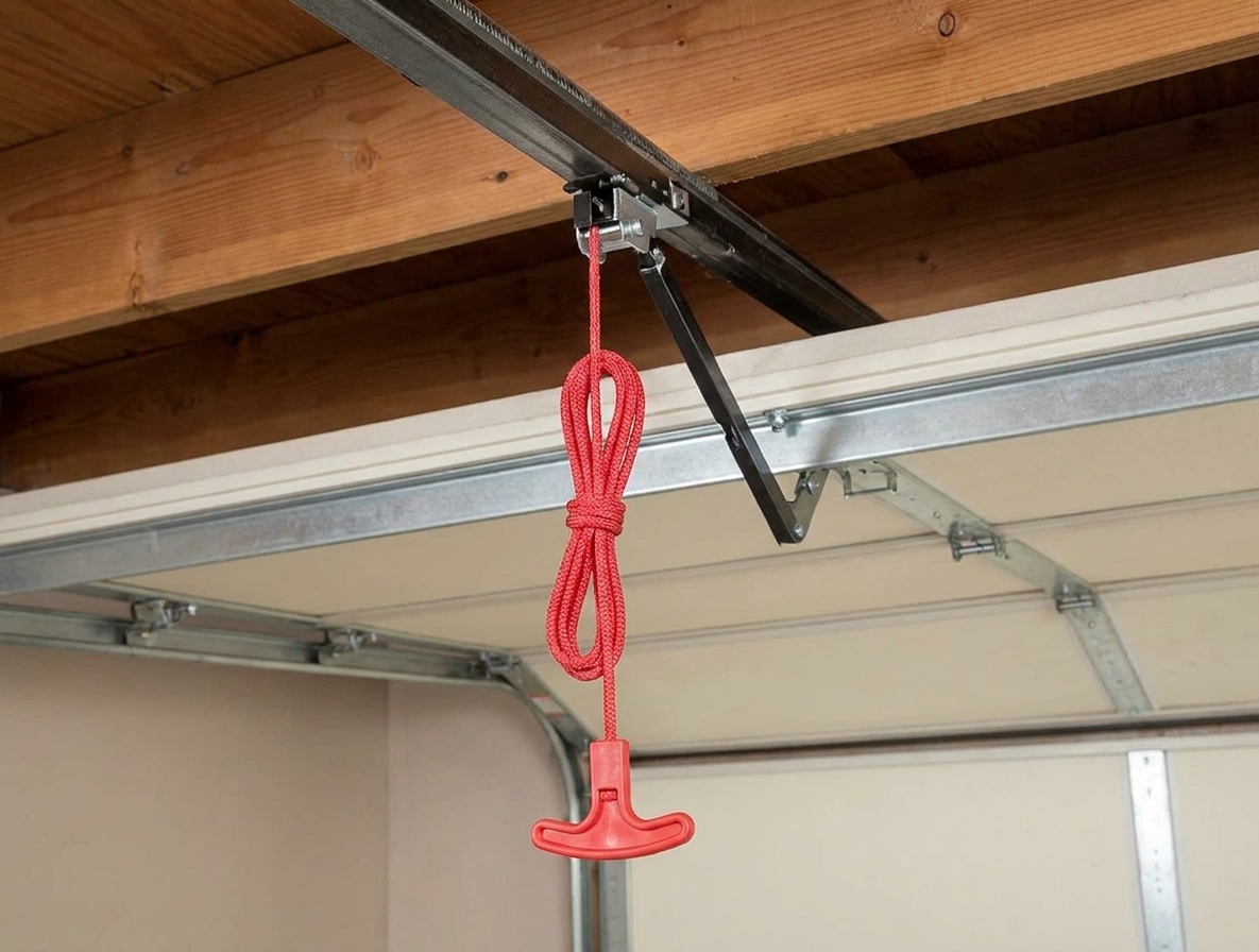 A close-up photo of the red emergency release cord hanging from a garage door opener trolley
