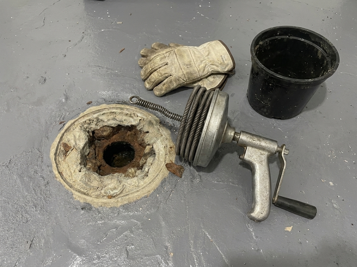 A close-up photograph of a hand-crank drain auger on a basement floor next to a floor drain opening, with gloves and a bucket nearby