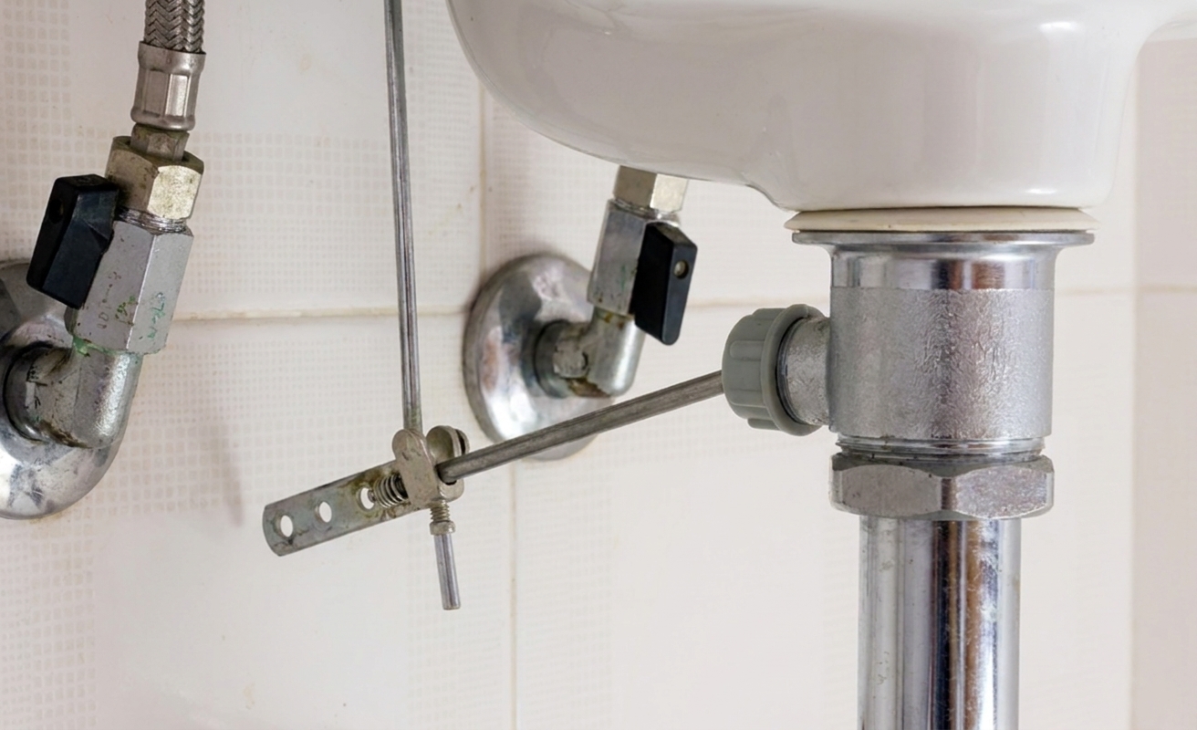 A close-up under a bathroom sink showing the pivot rod entering the drain pipe with a retaining nut and the clevis strap connected to the lift rod