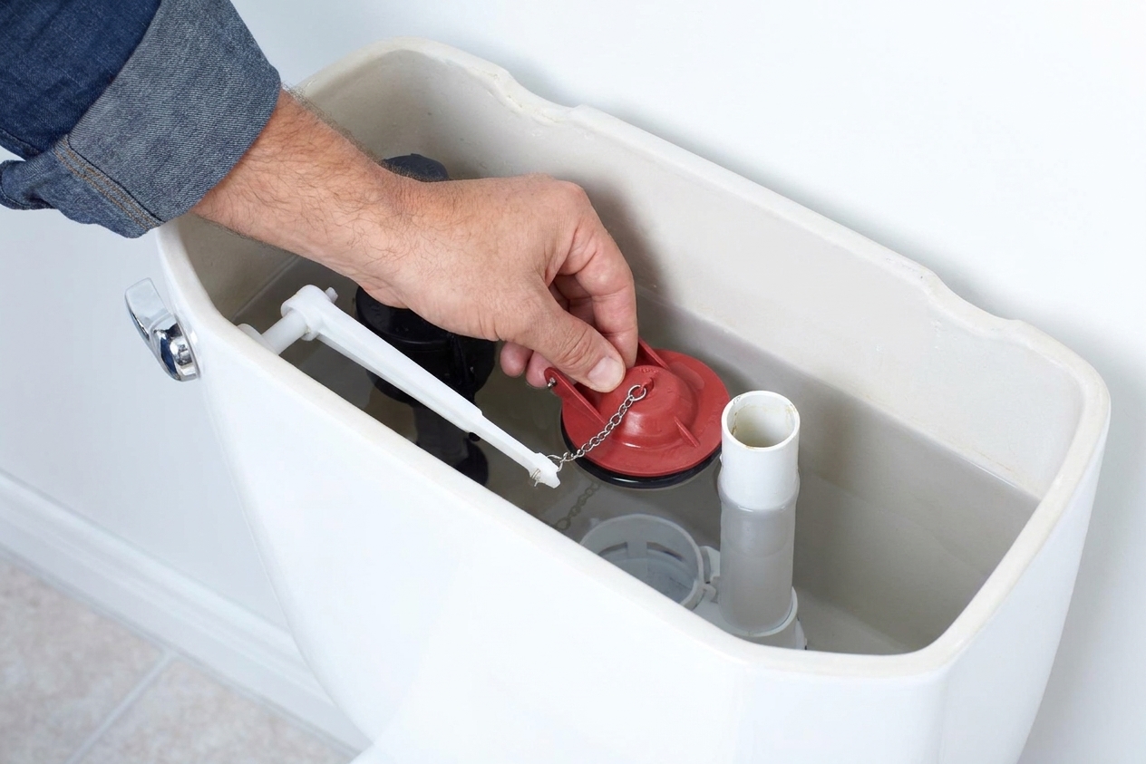 A close-up view inside a toilet tank showing the flapper, chain, and flush valve area