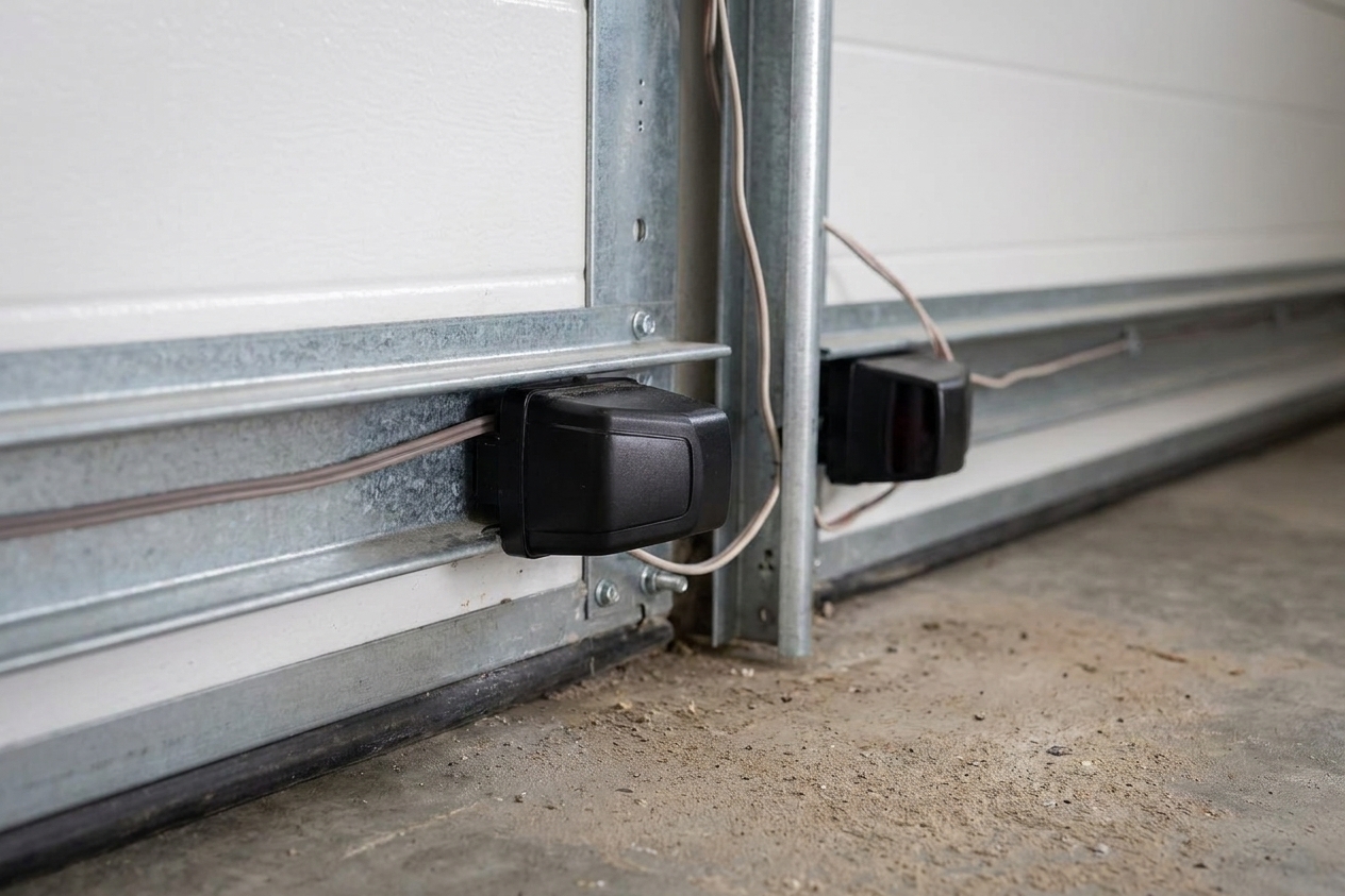 A close view of a garage door photo eye safety sensor mounted low on the track near the concrete floor