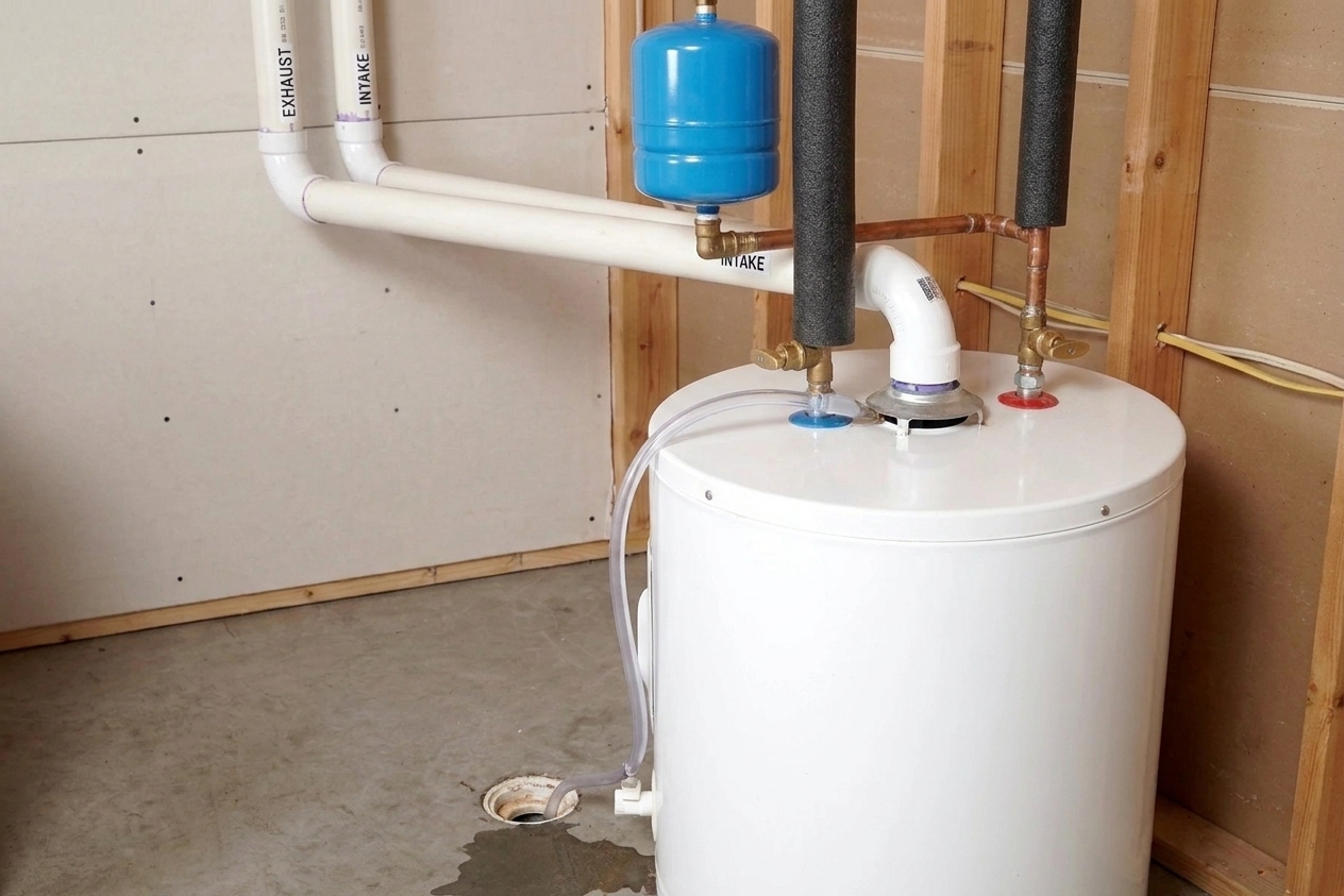 A condensing gas water heater with PVC venting and a condensate drain tube routed to a drain
