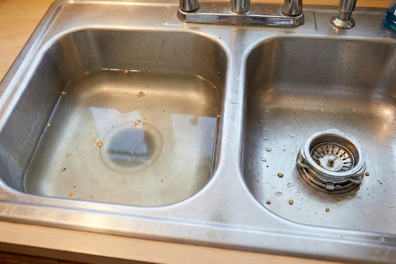 A double-bowl stainless kitchen sink with standing water in one basin and a garbage disposal flange visible in the drain