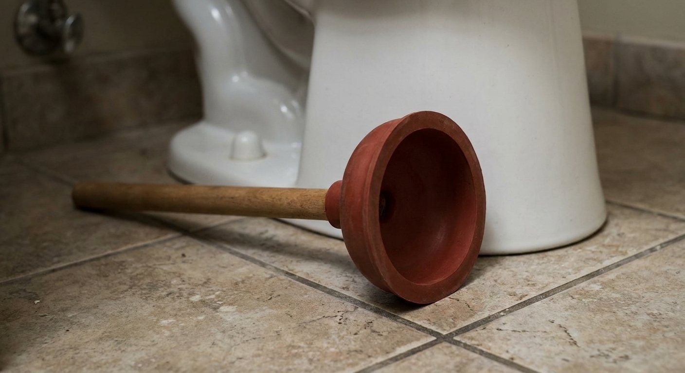 A flange-style toilet plunger sitting on a tile bathroom floor next to a toilet base