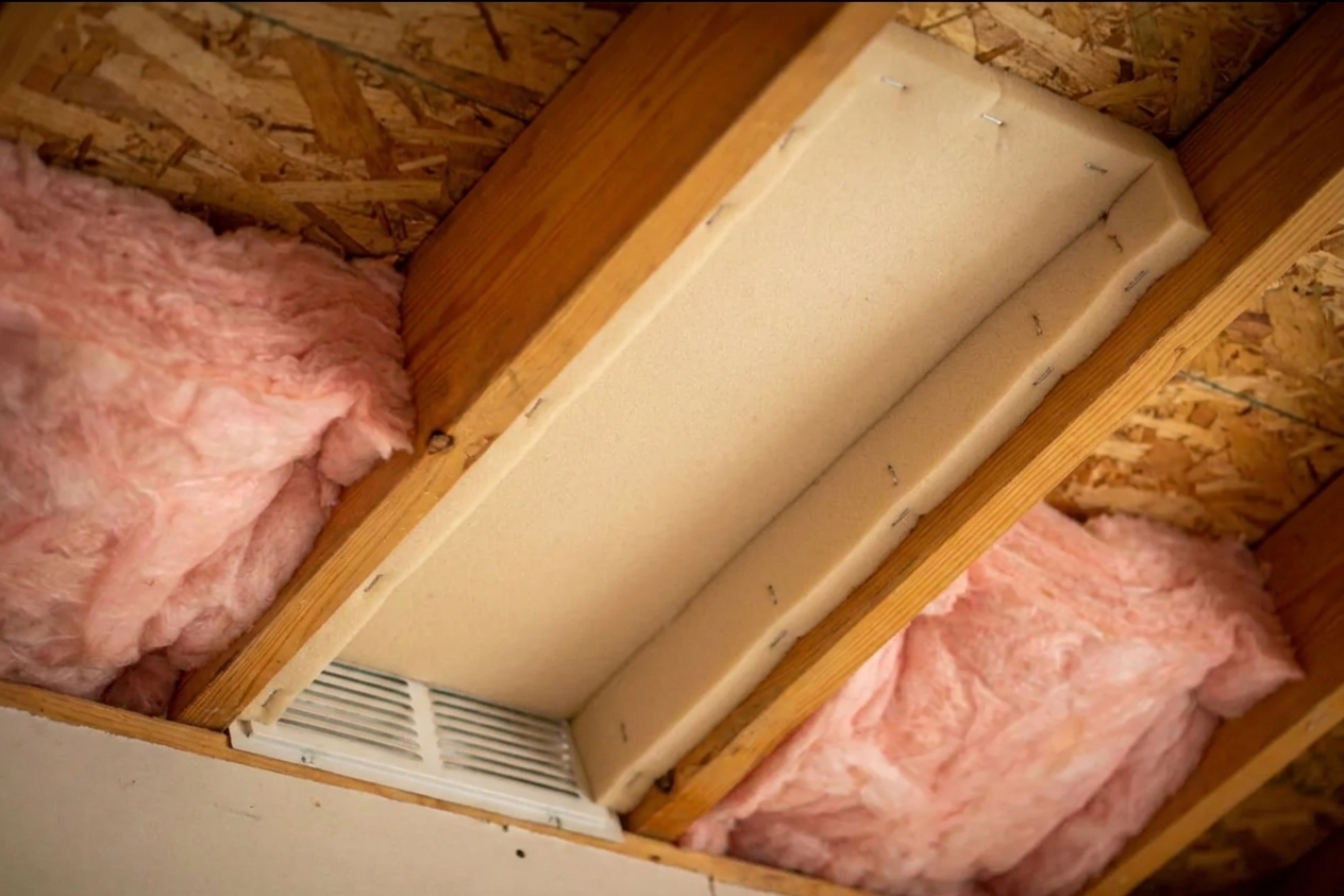 A foam attic ventilation baffle stapled between rafters near the eaves, with existing insulation kept back to maintain an air channel from the soffit vent