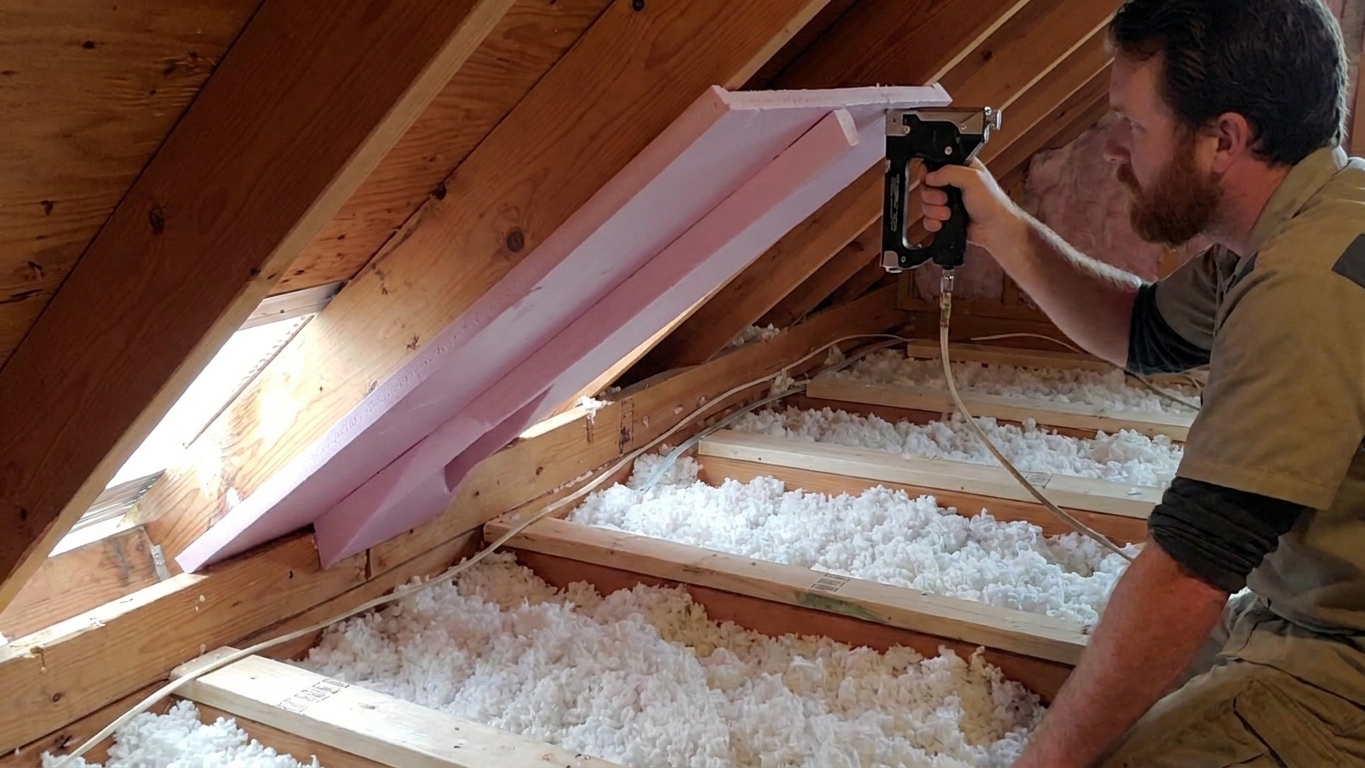 A foam or plastic soffit vent baffle stapled between rafters at the attic eave with loose insulation kept back from the vent channel