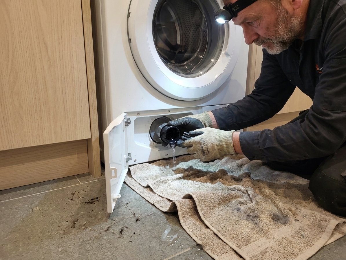 A front-load washer with the lower-access door open and the pump filter cap partially unscrewed, with towels on the floor ready to catch water