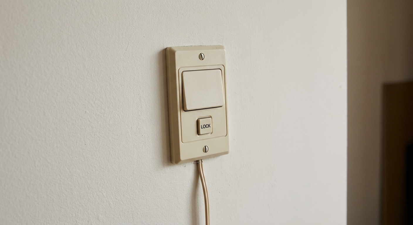 A garage door opener wall control panel mounted on drywall with a lock button visible