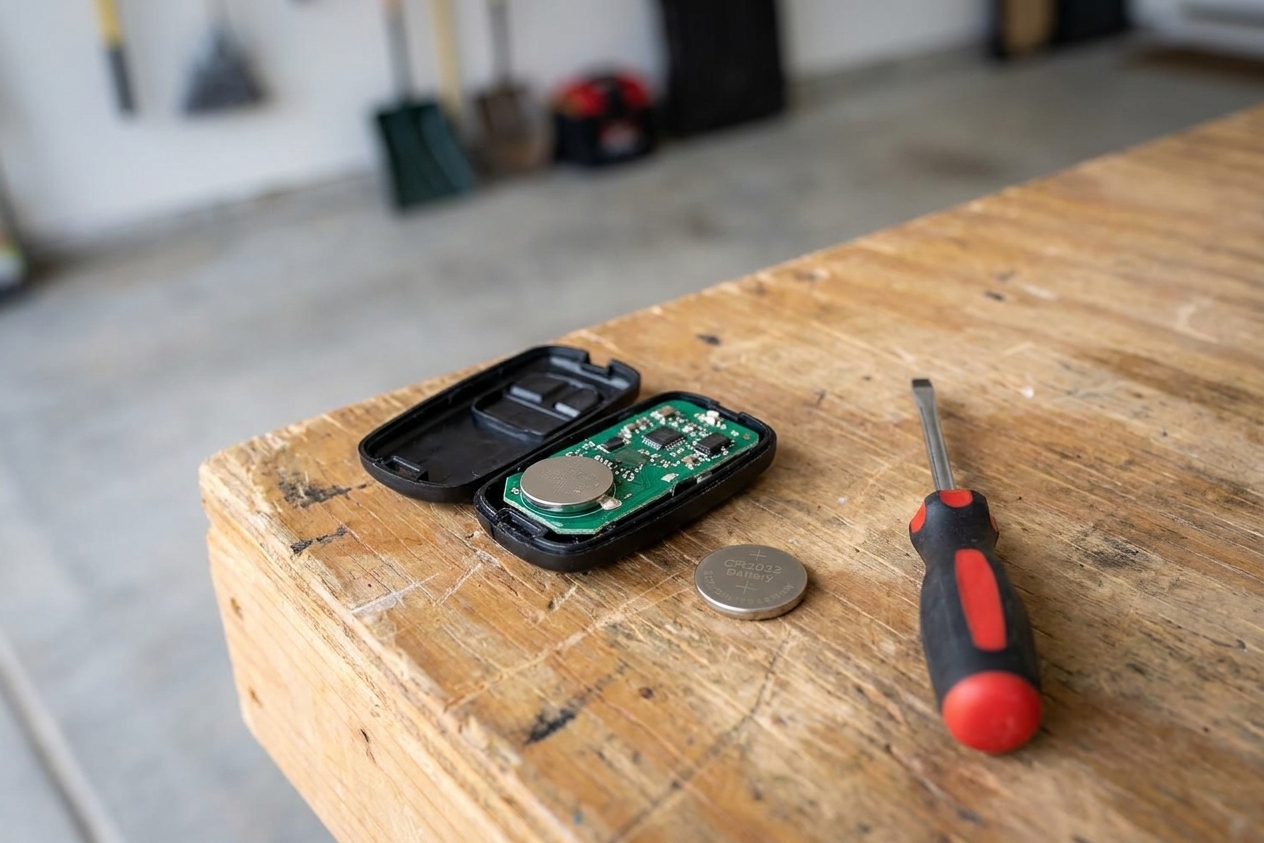 A garage door remote opened on a workbench with a CR2032 coin battery visible next to a small screwdriver