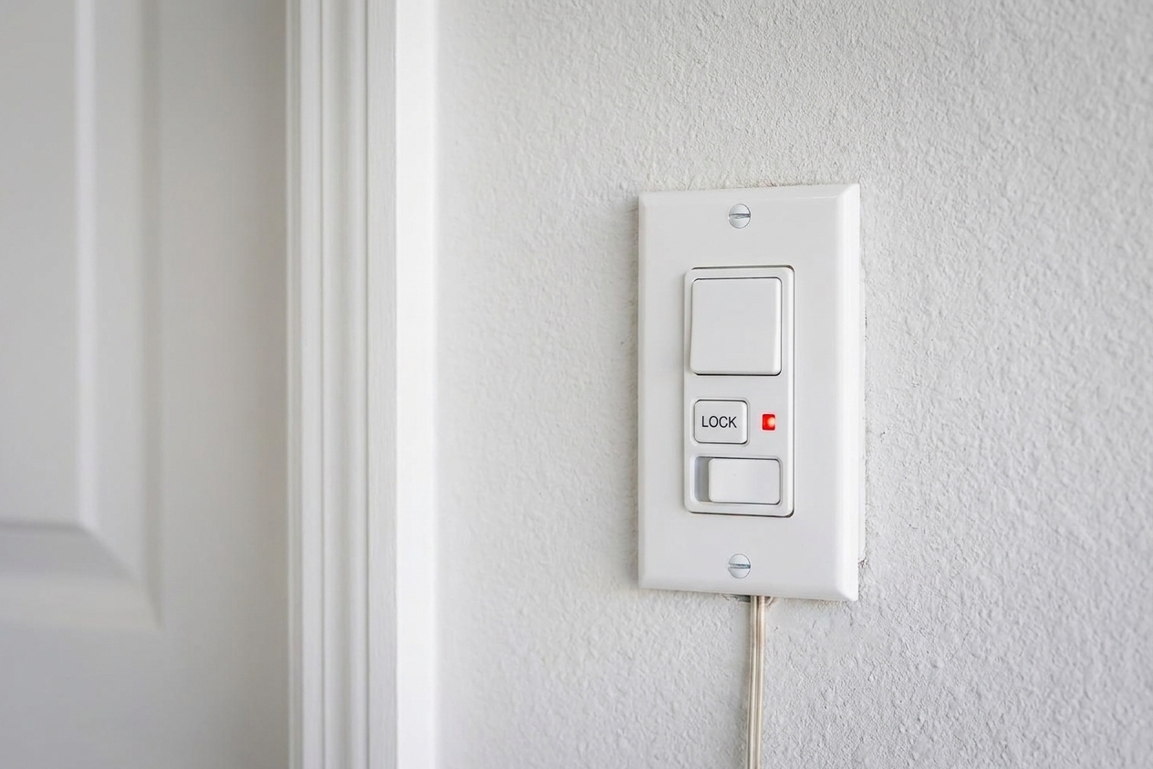 A garage door wall control panel mounted beside a door with a lock button and indicator light