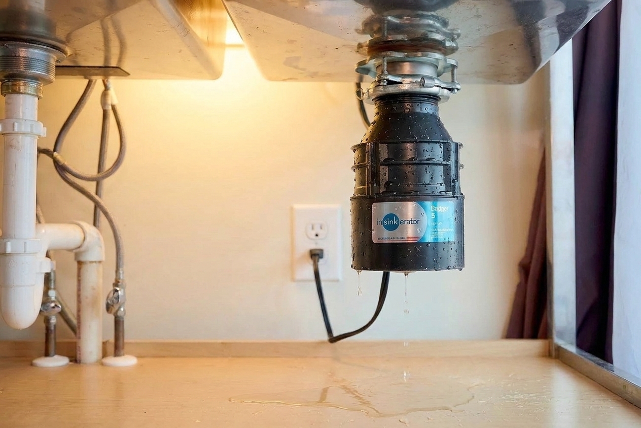 A garbage disposal under a kitchen sink with water droplets on the housing and a small puddle on the cabinet floor